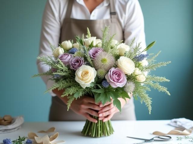An expert florist meticulously designing a unique bouquet in a studio